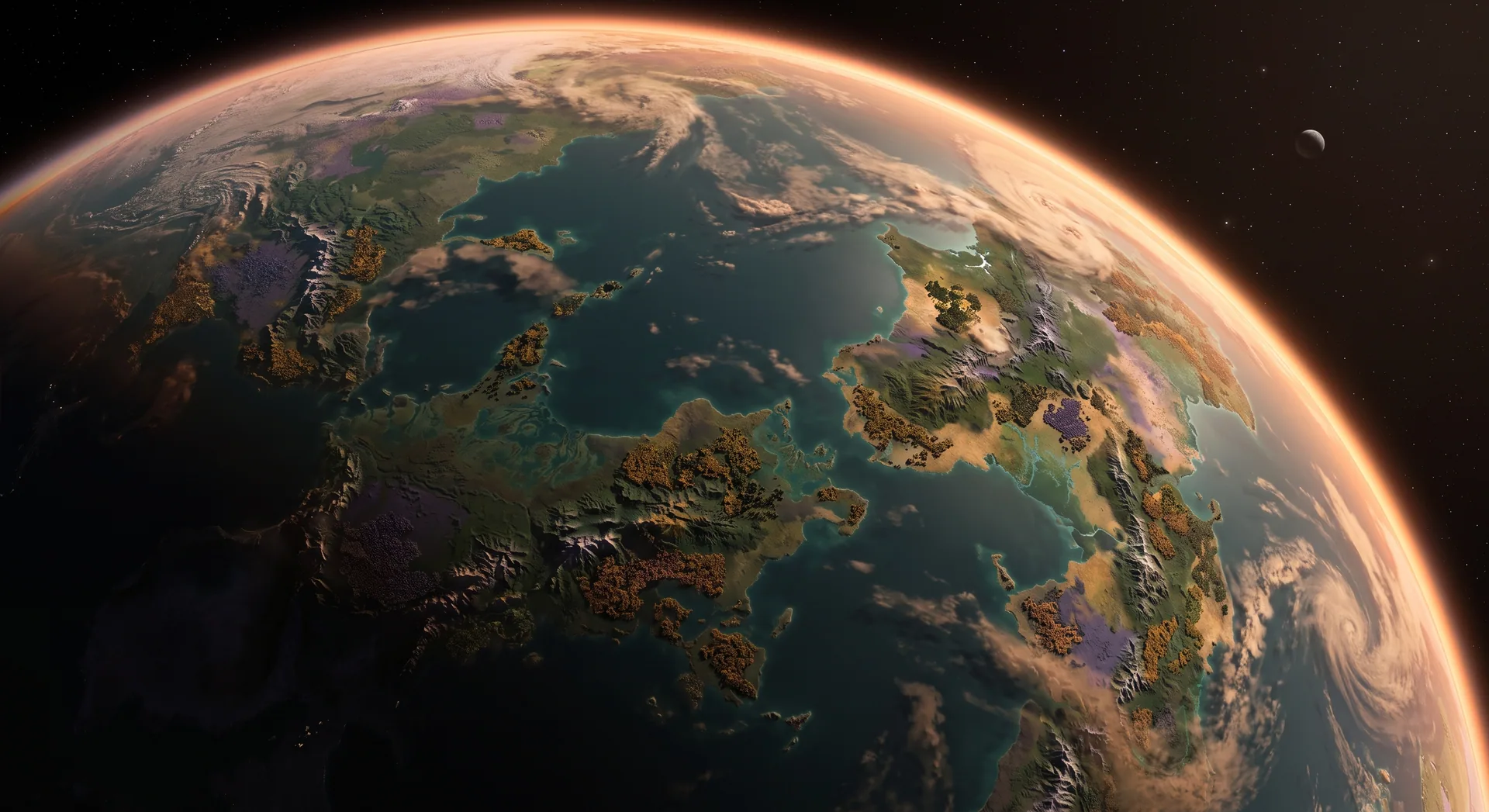 Maia IV from high orbit with its tangerine atmosphere and celadon weather systems